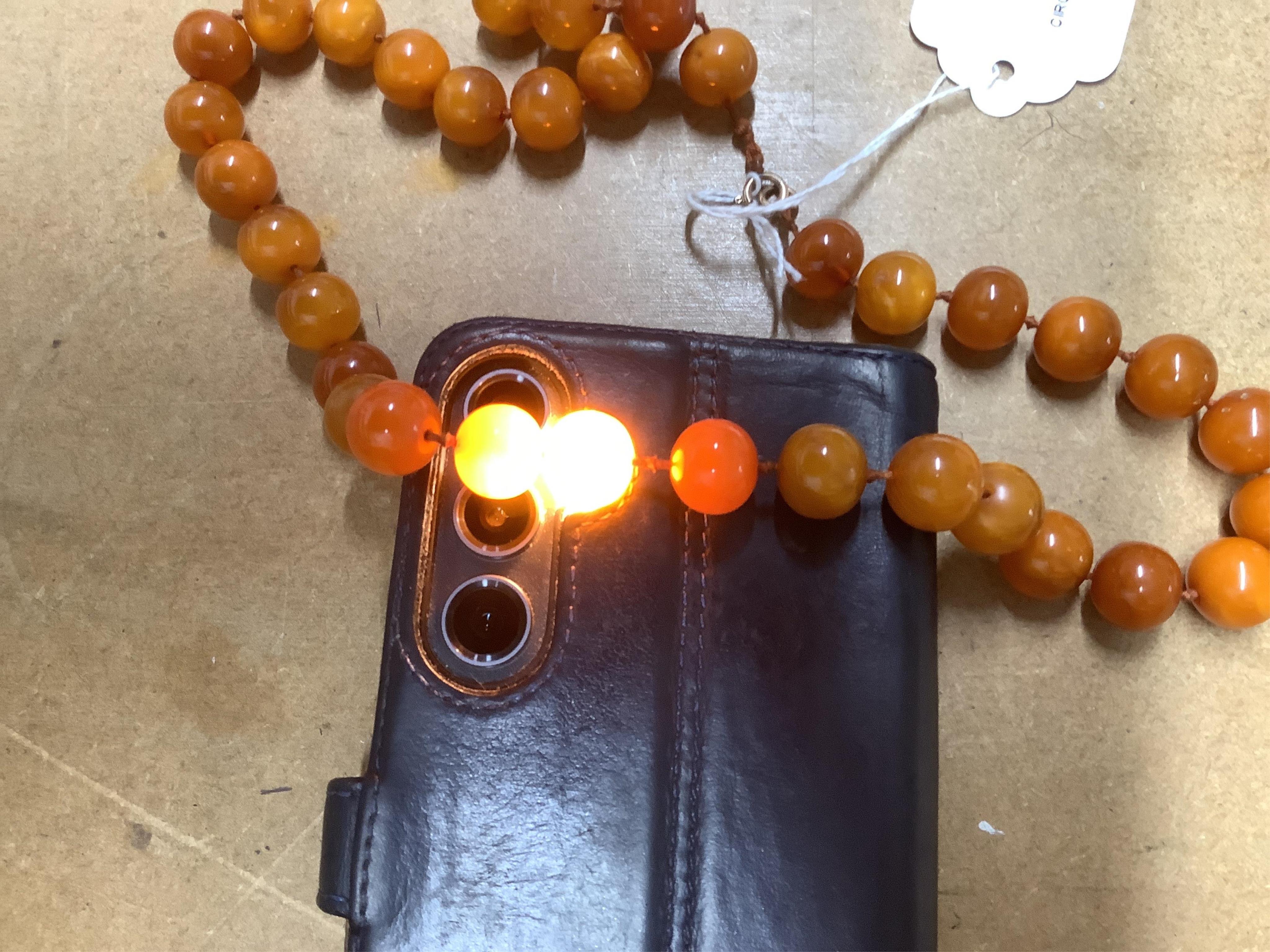 A single strand circular amber bead necklace, 56cm, gross weight 55 grams.